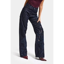 Itsbasic Kadın İndigo Selvedge T-7s6-50 Loose Fit Nakış Dantel Desenli Özel Tasarım Denim Jean