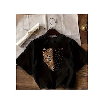 Herkesemoda Leopar Kaplan Baskı Detaylı Basic T-shirt Siyah