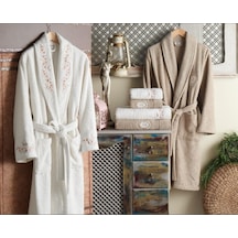 Dantela Premium Soft Nakışlı Aile Bornoz Seti-Yade Krem Bej Bej - Krem