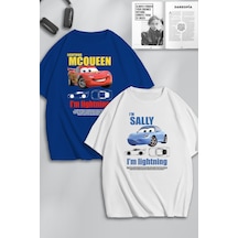 Unisex Kadın Erkek I'm Sally & Mcqueen Cars Baskılı Sevgili Çift Kombini Tasarım Oversize Tshirt 2li Mavi Beyaz Mck0387 Mavi Beyaz
