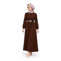 Hira Life Fashion Kadın Gold Zincir Kemer Detaylı Bisiklet Yaka Ve Tesettür Giyim Burgu Elbise Kahverengi Kahverengi