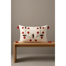 Tomurcuk Botanik Dal Ve Yaprak Motifli Punch Nakışlı Püsküllü Pamuk Kırlent Kılıfı 35x55 Cm Kiremit