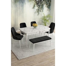 Eylül Beyaz Mermer Desen 80x132 Mdf Açılabilir Mutfak Masası Takımı 4 Sandalye, 1 Bench Siyah