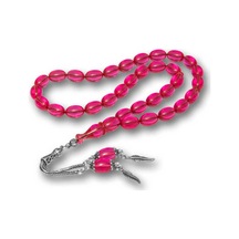 Gümüş Püsküllü Pembe Ateş Kehribar Tesbih Gümüş Gümüş