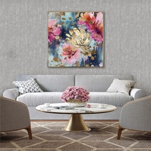 Yağlı Boya Dokulu Tablo Pembe Altın Soyut Çiçekler Altın Çerçeveli U02004-178859
