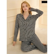 Kadın Çizgi Detaylı Gömlek Yaka Düğmeli Pijama Takım Siyah-beyaz