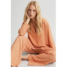 Siyah İnci Somon Leopar Baskılı Düğmeli Örme Pijama Takım 7611