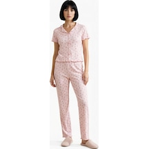 Benerly Kadın V Yaka Kısa Kol Çiçekli Pointel Örme Pijama Takımı Fonksiyo Pembe