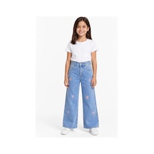 Rony Pony Kids Kız Çocuk Fiyonk Nakışlı Palazzo Kot Pantolon Yüksek Bel Geniş Paça Jean Mavi