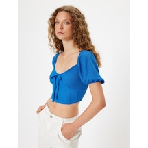 Koton Crop Tişört Balon Kol Korse Görünümlü Bürümcük V Yaka Slim Fit Mavi 4sal11118ık Mavi