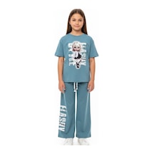 Toontoy Kids Toontoy Kız Çocuk 2'li Eşofman Takım Bisiklet Yaka Kısa Kollu Baskılı Tişört - Beli Lastikli Bağlamalı Cepli Baskılı Bol Paça Eşofman Altı 25021 Mavi