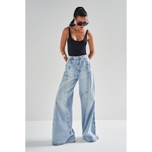 Itsbasic Kadın Kot Rengi 4s5-3 Mega Baggy Fit Süper Bol %100 Koton Rahat Kesim Denim Jean Mavi