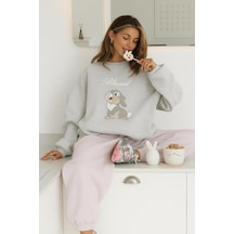 Benroma 3 İplik Penye Blessed Tavşan Baskılı Unisex Sweatshırt Gri