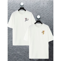 Unisex Kadın Erkek Tom Ve Jerry Şarap Baskılı Sevgili Çift Kombini Tasarım Oversize T-shirt 2'li Set Beyaz1 Mck2119 Beyaz
