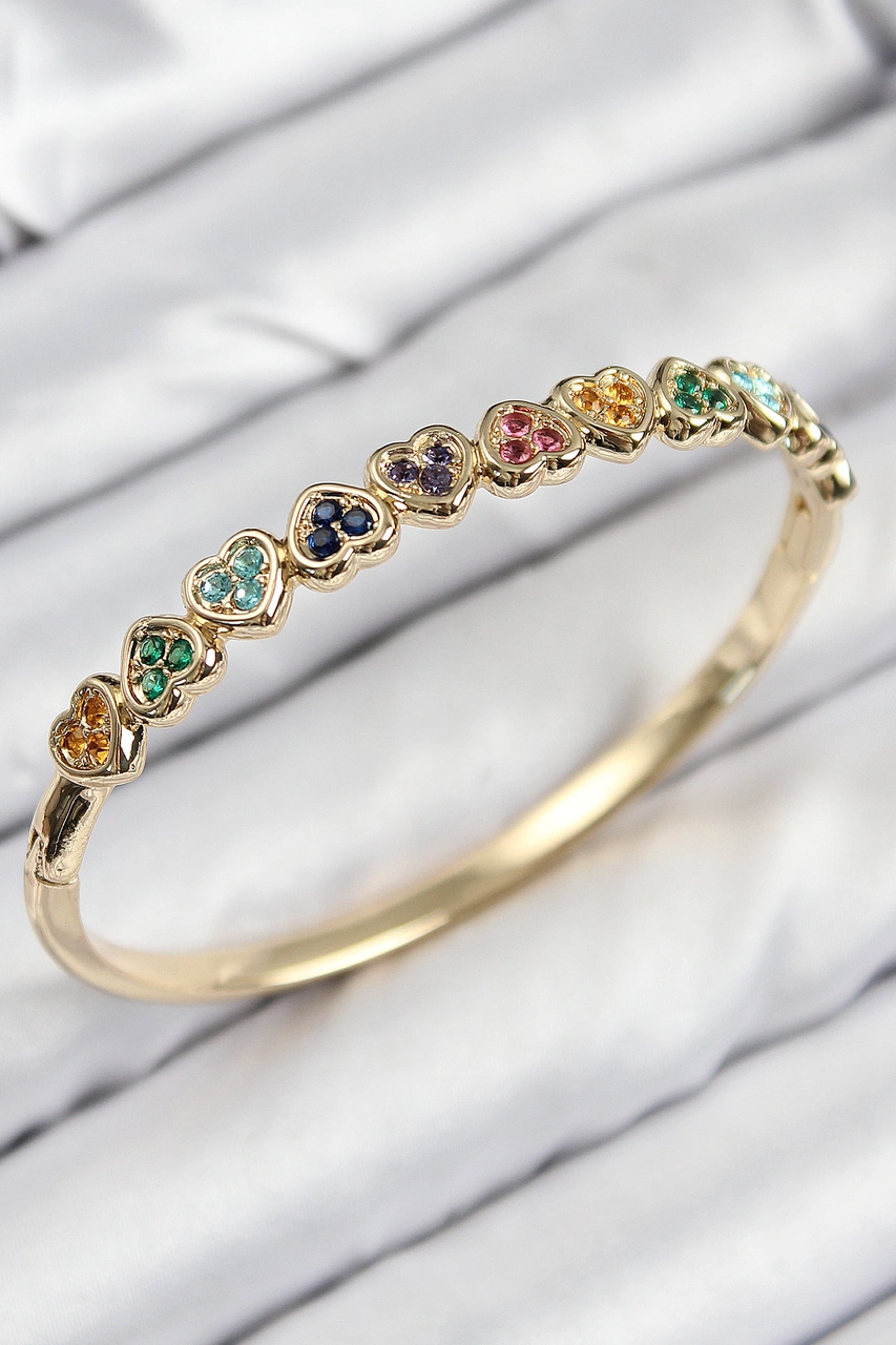 Pirinç Renkli Zirkon Taşlı Sıralı Kalp Model Gold Renk Kadın Kelepçe Çelik