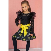 Riccotarz Kız Çocuk Kolları Güpür Ve Omzu Volanlı Bluz Ve Çiçek Desenli Sarı Kuşaklı Etekli Takım 001