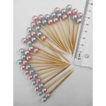100 Adet Dekoratif Pembe Mavi Çift İncili Pasta Kürdanı 6,5 Cm- İnci 8 Mm - İncili Kanepe Kürdanı