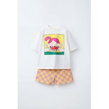 Magu Kız Çocuk Pamuklu Beyaz Karakter Baskılı T-shirt Şort Takım Çok Renkli