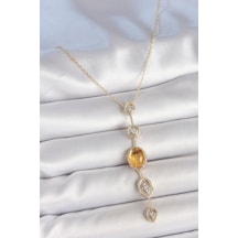 Pirinç Zincir Kehribar Sarı Gold Renk Zirkon Taşlı Y Kolye Altın