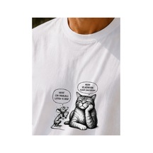 Qmen Style Unisex Beyaz Oversize Baskılı T-shirt Espirili Kedi Baskılı %100 Pamuk