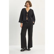 Shade Kadın Bağlama Detaylı Kimono Yüksek Bel Bol Pantolon Selanik Takım 7028 60283640 - Siyah