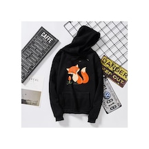 Tarzsokak Siyah Unisex Japon Harajuku Sonbahar Kapüşonlu Sevimli Tilki Baskı Öğrenci Gevşek