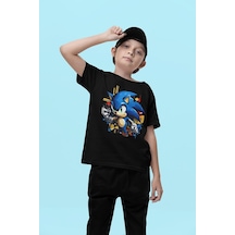 Sevbano Sonic Baskılı Unisex Oyun Çocuk Tişört 1-12 Yaş Siyah