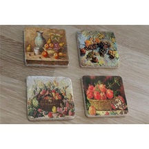 Natürmort Meyveler Doğal Taş Bardak Altlığı 4'lü Set - Natural Stone Coasters - Taş Çok Renkli