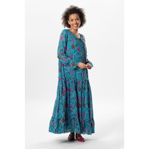 Uzun Kol Vual Gonca Uzun Yazlık Elbise Gelincik Desen Turkuaz Çizgili 6156-turkuaz Turkuaz