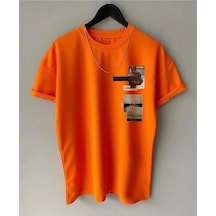 New Moment T-shirt - Turuncu Baskılı Oversize Bisiklet Yaka Kısa Kol Turuncu