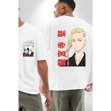 Ken Ryugujı Anime Tokyo İntikamcıları Beyaz Oversize Unisex Ön Ve Sırt Baskılı Tişört Beyaz