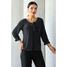 Lupinn Moda Kadın Siyah Simli/taşlı/parlak/ışıltılı Bağlama Detaylı Uzun Kollu Bluz Zarif Tasarım, Şık Ve Rahat Kombinler İçin Siyah