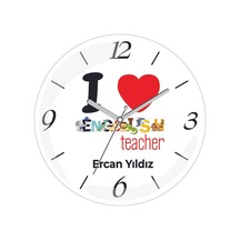 Kişiye Özel I Love English Teacher Çap 30 Bombeli Gerçek Cam Duvar Saati Siyah