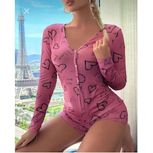 Ang Butik Kadın Pamuklu Pembe Siyah Desenli Düğmeli Uzun Kol Tulum Pijama