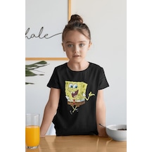 Sevbano Süngerbob Baskılı Unisex Çizgi Film Çocuk Tişört 1-12 Yaş Siyah