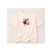 Herkesemoda Güllü Kadın Temalı Baskılı Kadın Bisiklet Yaka Pamuklu T-shirt Krem