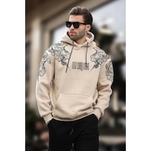 Madmext Bej Kapüşonlu Cep Detaylı Baskılı Erkek Sweatshirt 7052-bej Bej