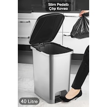Pedallı Gri Banyo Mutfak Çöp Kovası Siyah Kapaklı Slim Pedallı Çöp Kovası 40 Litre Gri