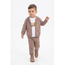 Toontoy Kids Toontoy Erkek Çocuk 3'lü Eşofman Takımı Uzun Kollu Bisiklet Yaka Nakışlı T-shirt - Kapüşonlu Fermuarlı Hırka- Beli Paçası Lastikli Eşofman Altı 25044 Koyu Kahverengi