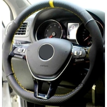Seat Leon Uyumlu Alkantara Karbon Sarı Yüzüklü Dikmeli Direksiyon Kılıfı