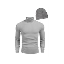 Unisex Kaşkorse Boğazlı Full Likralı Fitilli Body Kazak ve Bere - Gri