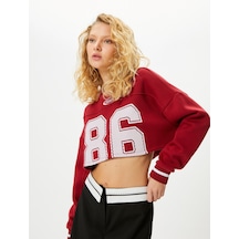 Koton Baskılı Crop Sweatshirt Uzun Kollu Bisiklet Yaka Pamuklu Bordo 4wal10627ık Bordo