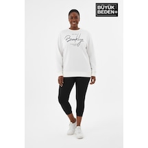 Süperlife Kadın Büyük Beden El Yazılı Brooklyn Baskılı Bisiklet Yaka İnce Sweatshirt Spr26bswk956-6 Ekru