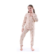 Uzun Kollu %100 Pamuk Kız Çocuk Pijama Takımı Bisiklet Yaka Manşetli 3-8 Yaş Pudra