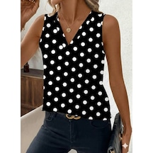 Dogutrend Kadın Askılı V Yakalı Puantiyeli Süprem Bluz Siyah