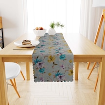 Çiçek Desenli Hardal Mavi Dijital Baskılı Süet Dokuma Runner 40x140