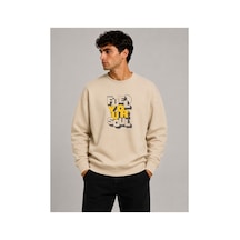 Herkesemoda Fuel Your Harder Baskı Detaylı Bisiklet Yaka Şardonlu 2 İplik Sweatshirt Bej