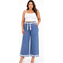 Zanessi Fashıon Büyük Beden Denim Yüksek Bel Kuşaklı Nakış İşlemeli Bol Paça Palazzo Kadın Pantolon Mavi