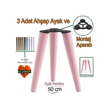 3 Adet Ahşap Ayak 50 Cm Açık Pembe M8 Civatalı Bağlantı Aparatlı Mobilya Tabure Sehpa Masa Destek Ayağı Pembe