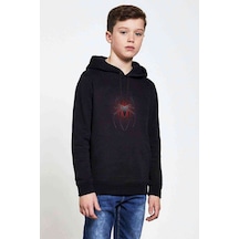 Tshirthane Spider Baskılı Unisex Çocuk Kapüşonlu Siyah Sweatshirt Siyah